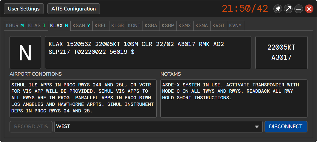 The vATIS main window showing an ATIS for KLAX